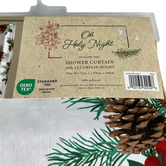 Christmas Shower Curtain Oh Holy Night Poinsettia Pine Hooks New - Picture 9 of 14